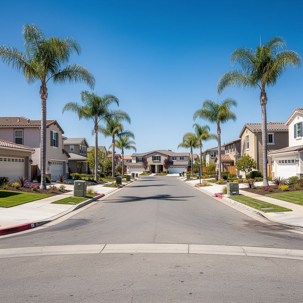 Carlsbad residential street with palm trees and single-family homes