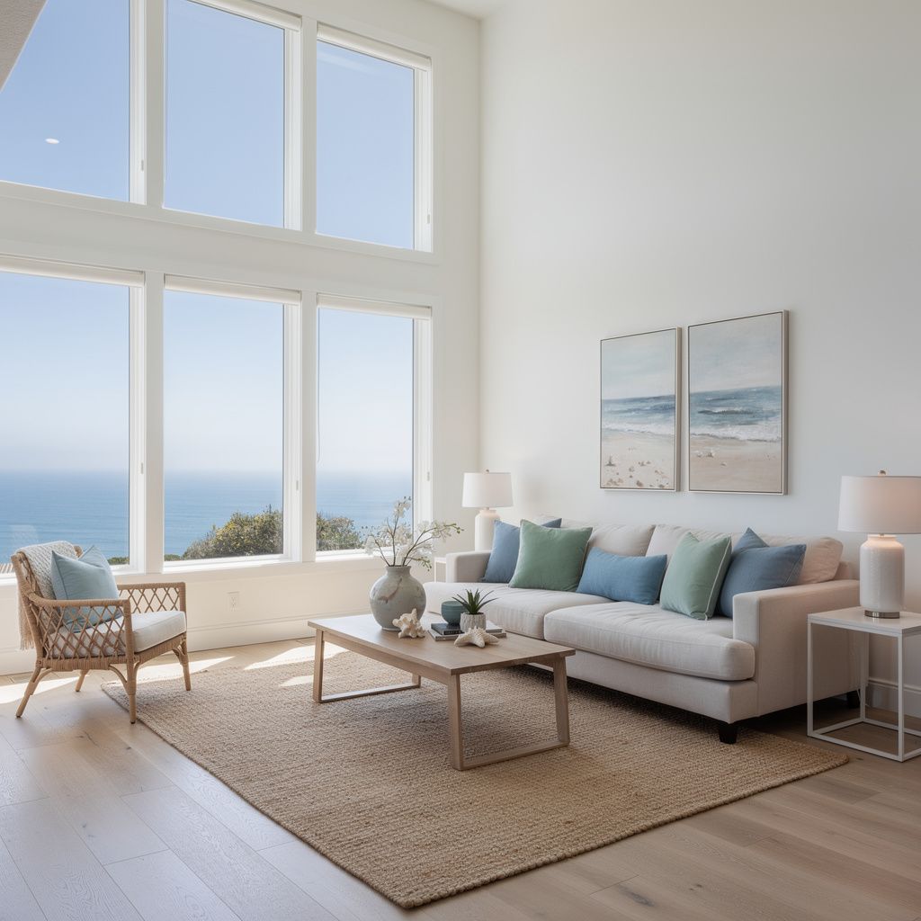 Coastal-style living room interior in a Cardiff-by-the-Sea home