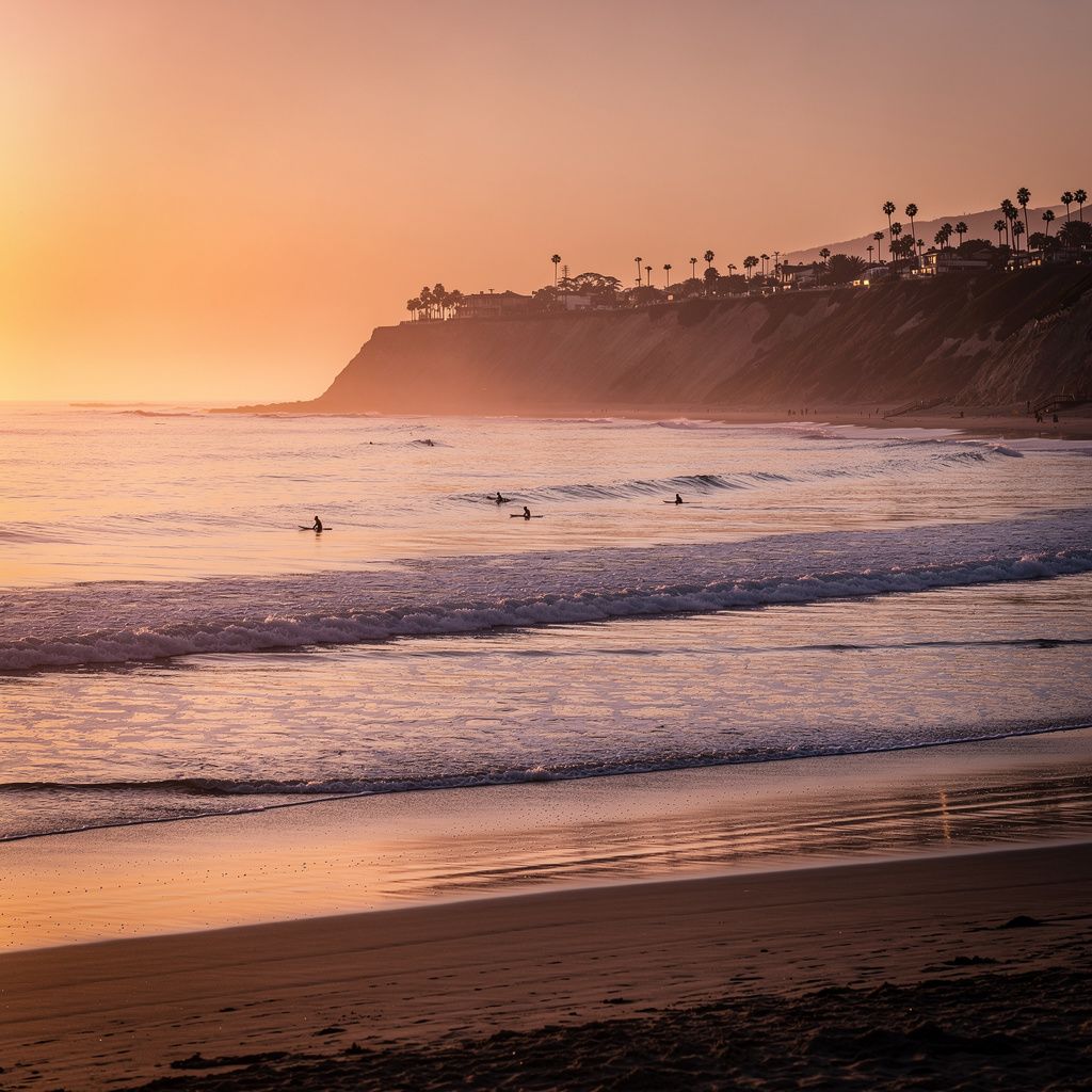 Sunset over the Pacific Ocean along the Encinitas coastline with surfers in the waves
