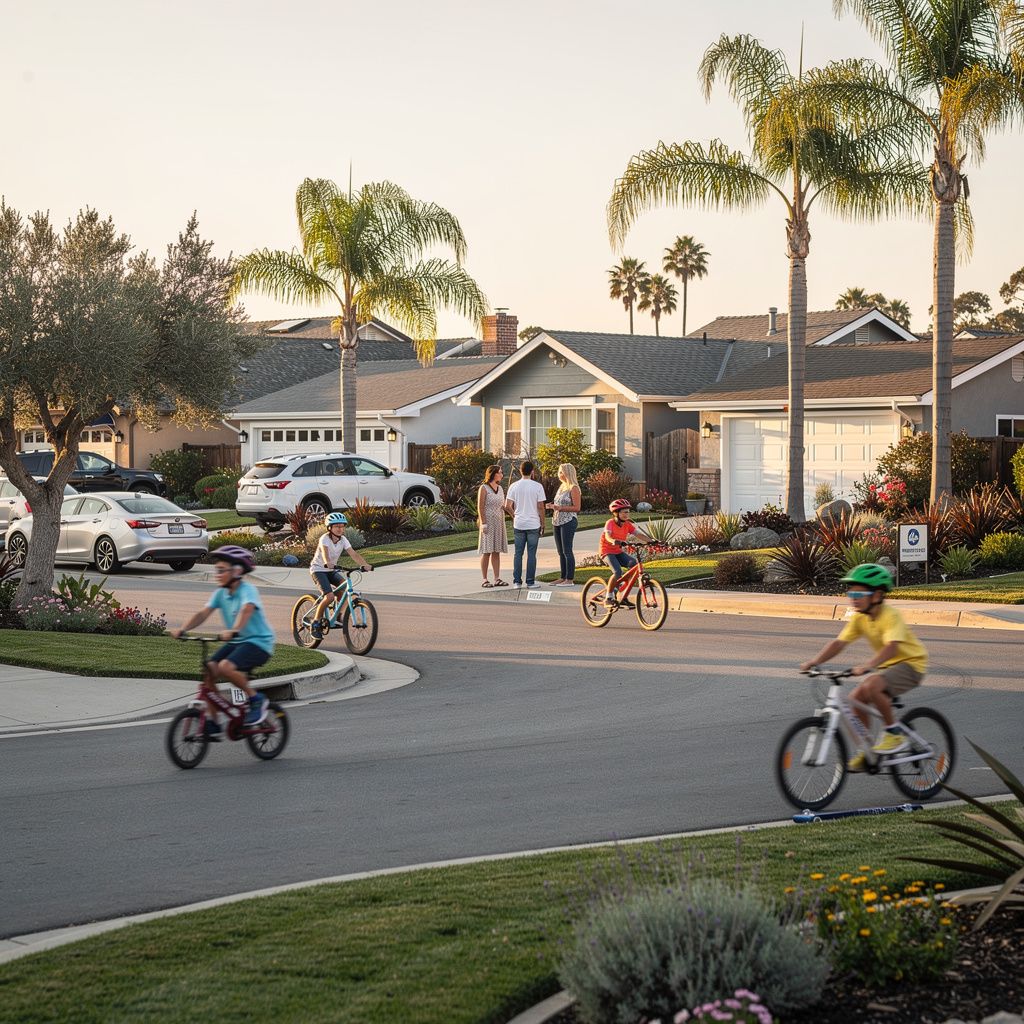 Friendly Solana Beach cul-de-sac with neighbors and children outdoors