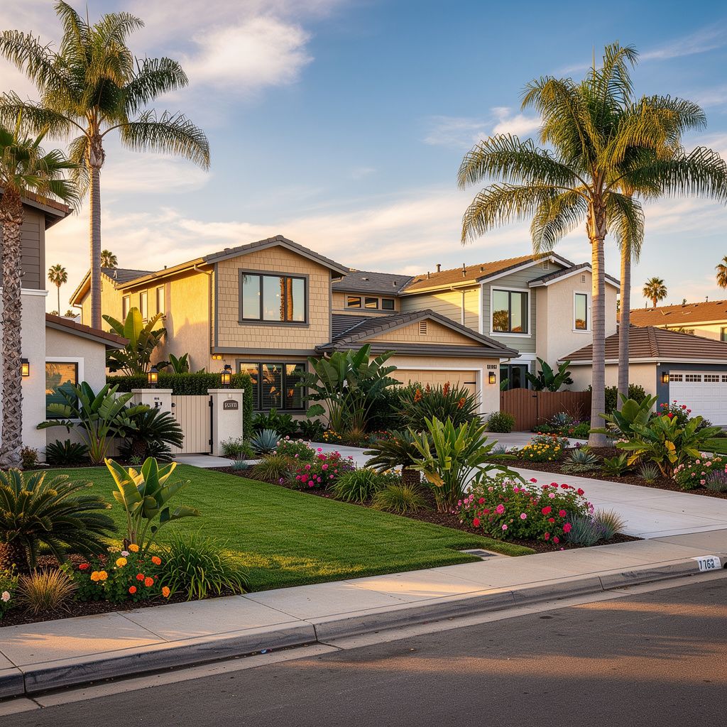 Coastal-style homes on a residential street in Cardiff-by-the-Sea, California