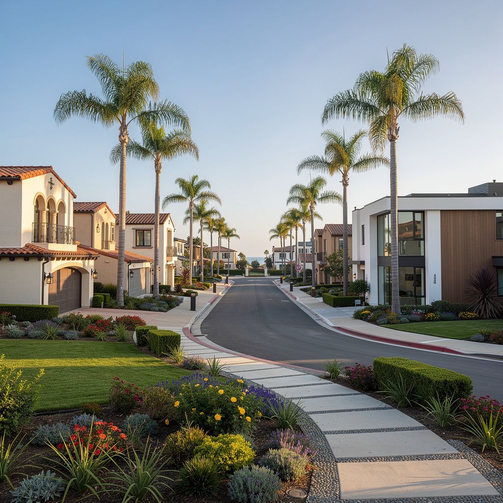Residential street with attractive homes in Carlsbad, California, USA