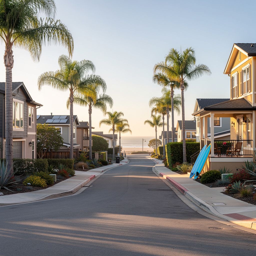 Casual coastal homes along a palm-lined street near the beach in Solana Beach