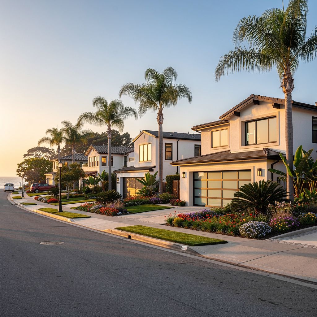 Coastal-style homes with palm trees on a residential street in Encinitas