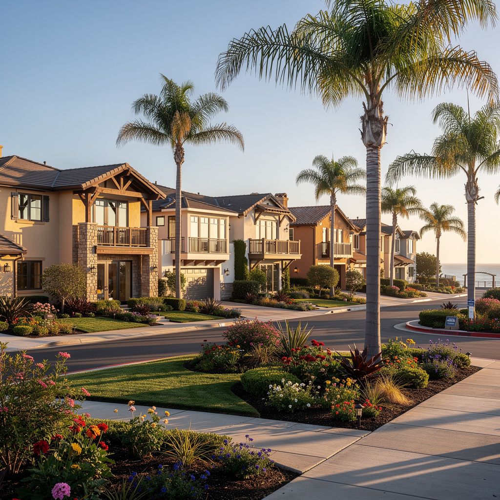 Residential street with coastal homes and palm trees in Solana Beach, California