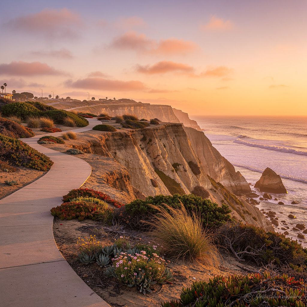Solana Beach coastal bluff at sunset with ocean views and walking path