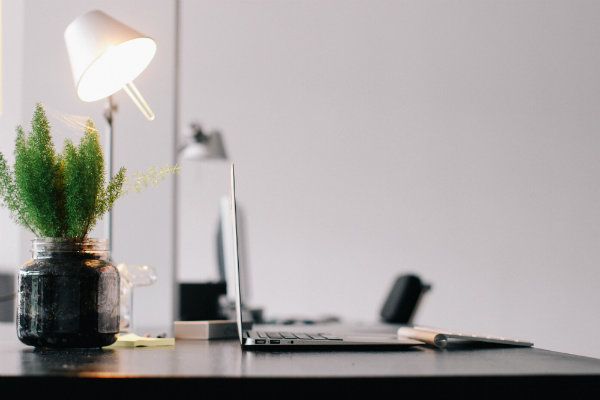 A desk with a computer, lamp and plant on top of it