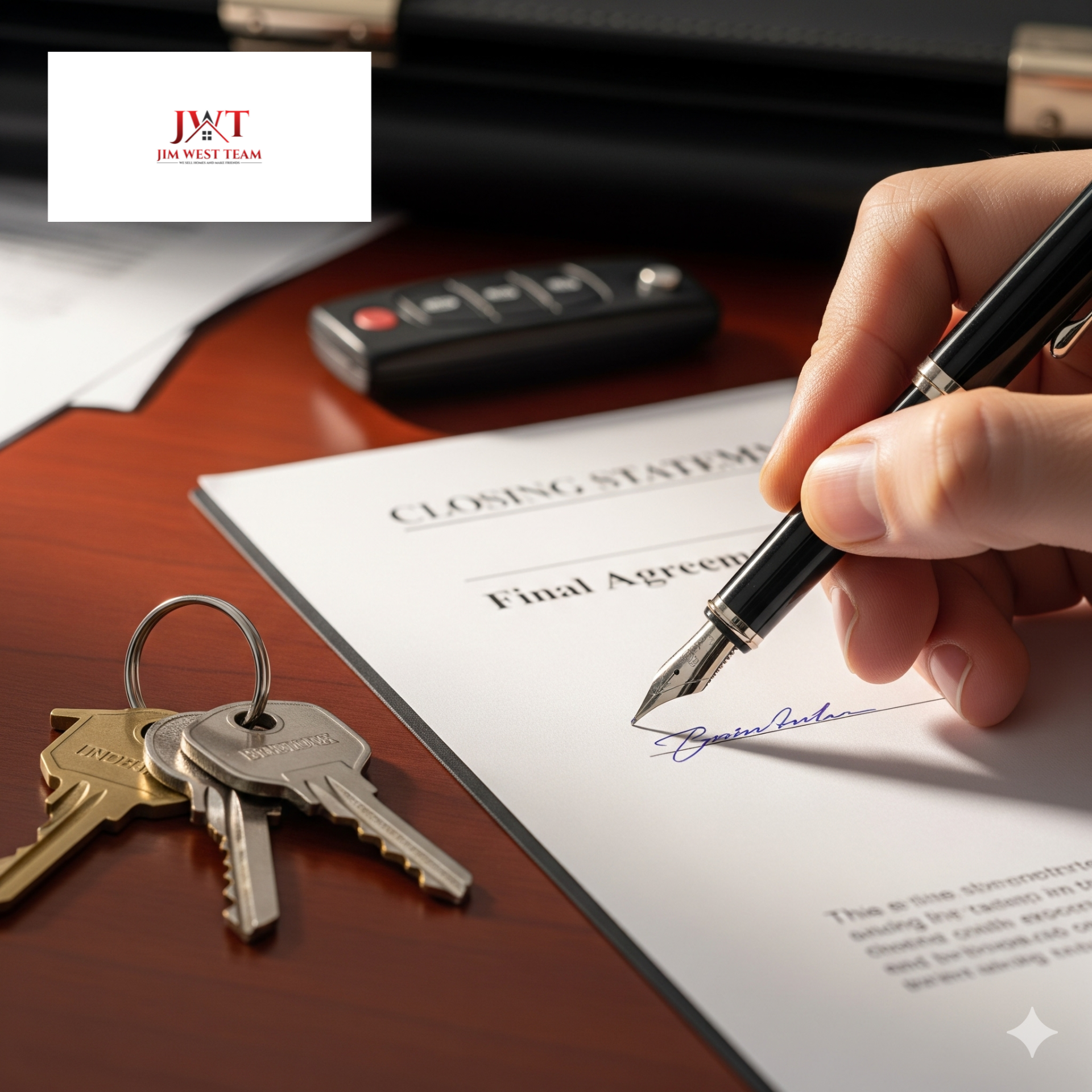 Home closing in Marysville Ohio with house keys on the table and a seller signing final real estate agreement papers with Jim West Team