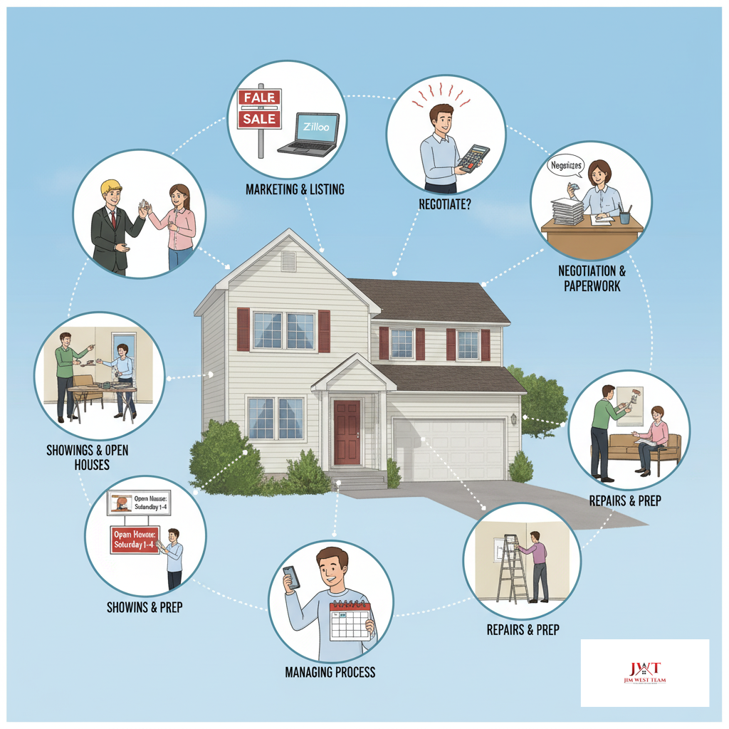 Illustration showing the many tasks involved in selling a home For Sale by Owner (FSBO) in Marysville, Ohio — including marketing, showings, negotiation, and paperwork