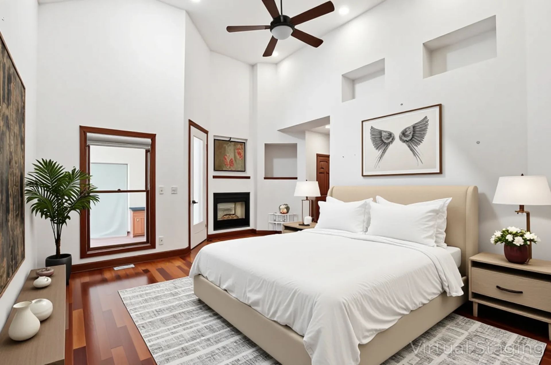Primary bedroom suite with vaulted ceiling, two-sided fireplace, Brazilian cherry floors at luxury Marysville home