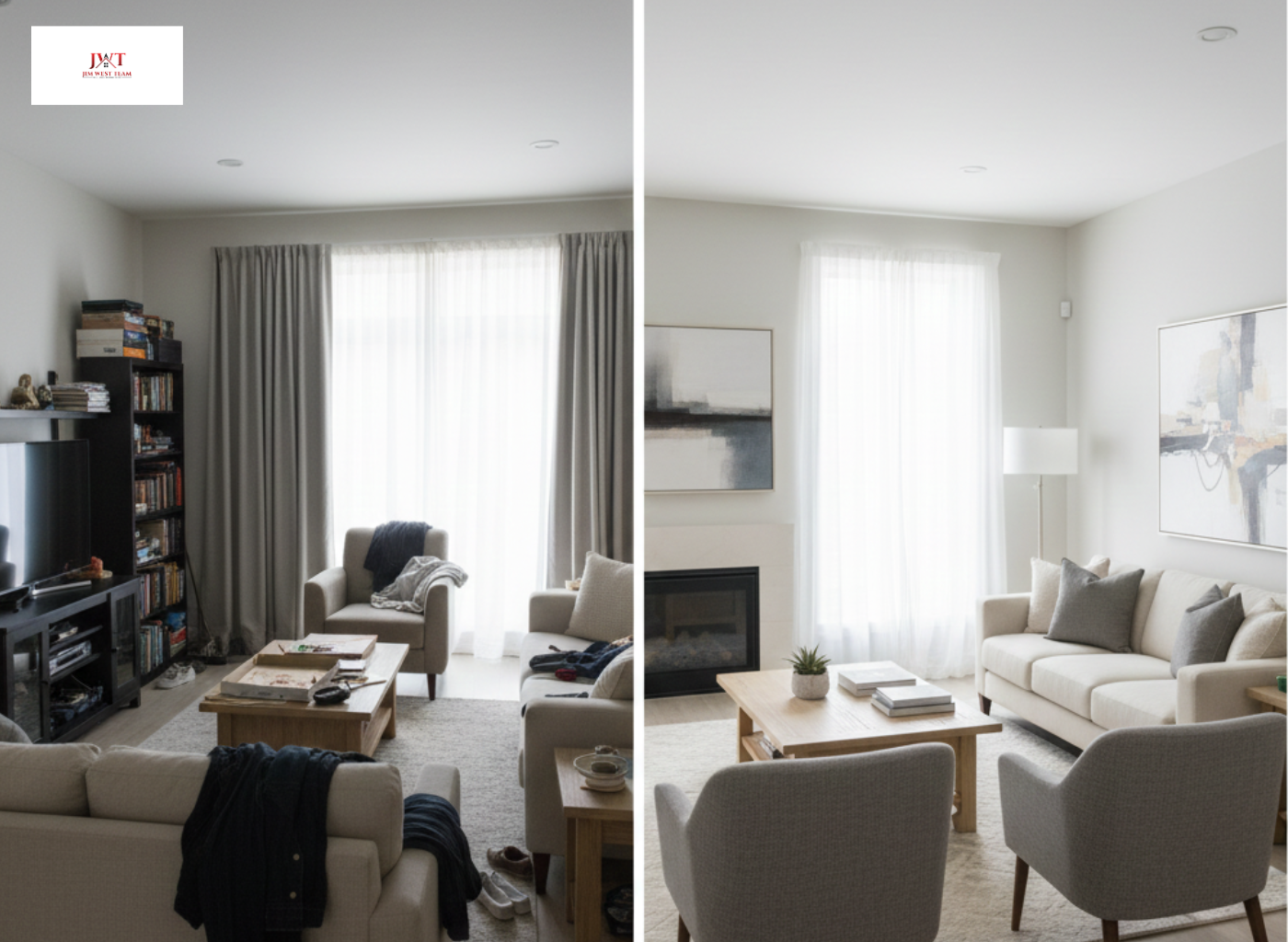 Comparison of unstaged vs professionally staged living room for home selling