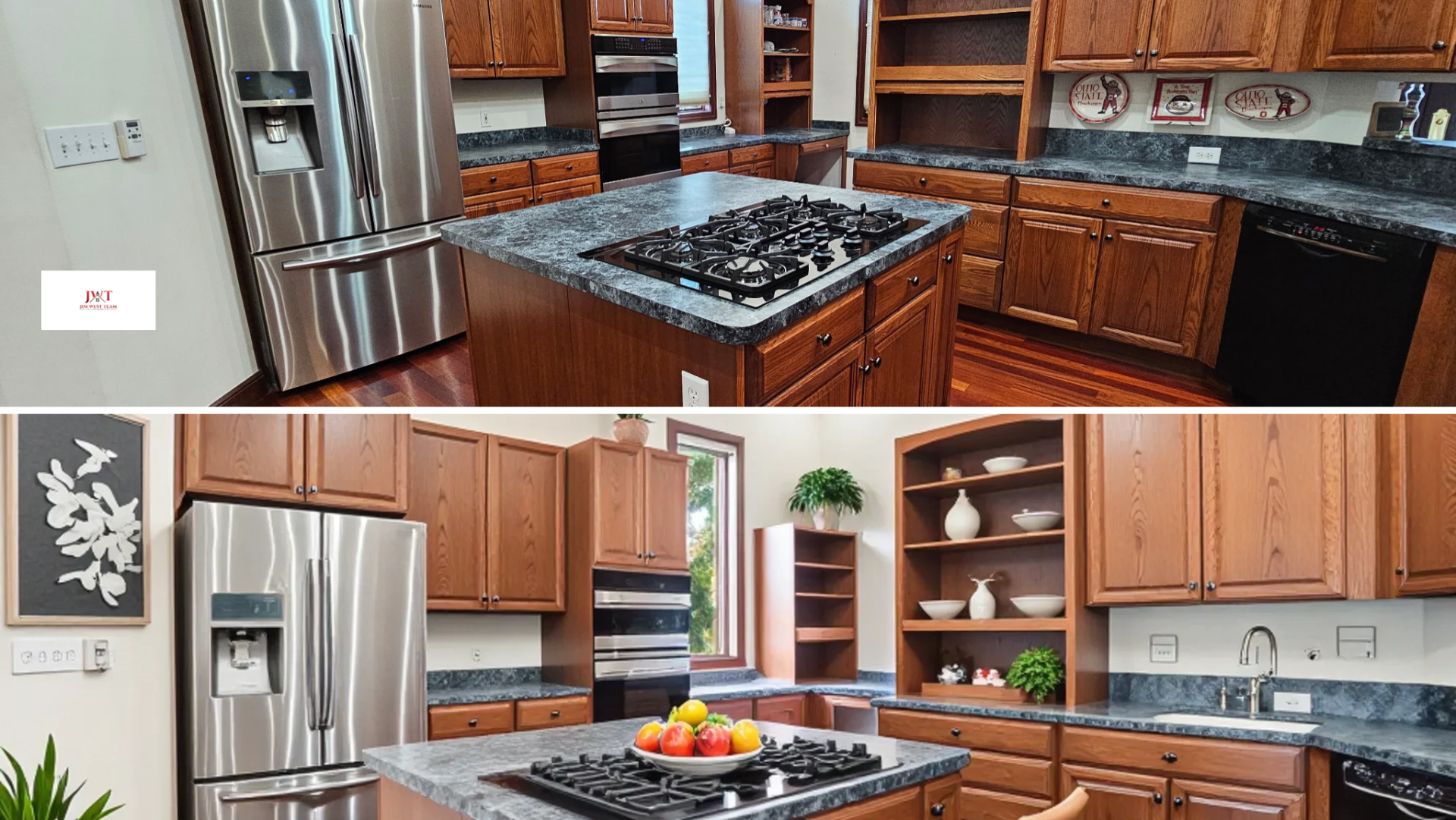 Split image comparing a Marysville kitchen before and after pre-listing preparation. Top image: Lived-in kitchen with personal decor and clutter on counters. Bottom image: The same kitchen decluttered, depersonalized, and staged for professional marketing photos by the Jim West Team.