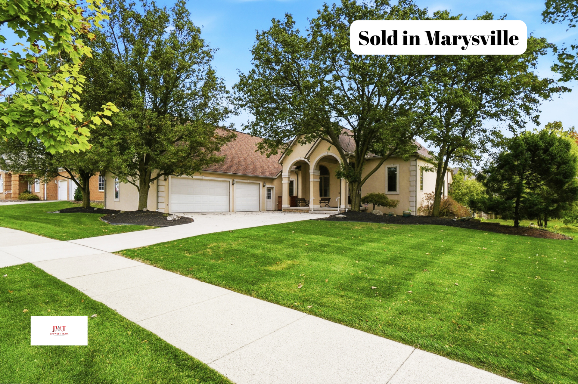 Large single-story home sold in Green Pastures in Marysville, Ohio by Jim West Team, illustrating a successful closing.