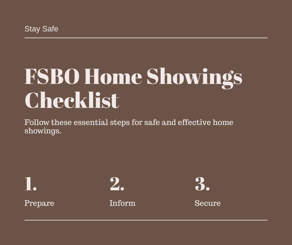 Branded safety reference card listing seven core safety rules for FSBO sellers hosting home showings in Marysville, Ohio, including never showing alone, telling someone the showing details, scheduling during daylight, locking up valuables, not leading the tour, keeping your phone accessible, and trusting your instincts.