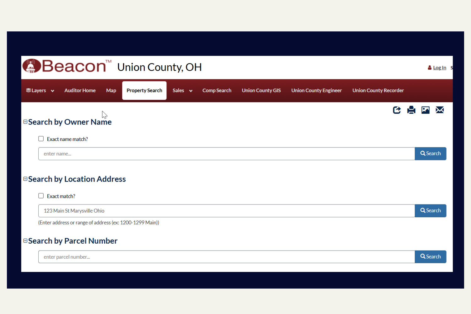 Branded magazine-style hero image for a Marysville FSBO pricing guide, showing the Beacon property search interface from the Union County Auditor with a Marysville, Ohio address pre-filled in the location search field.