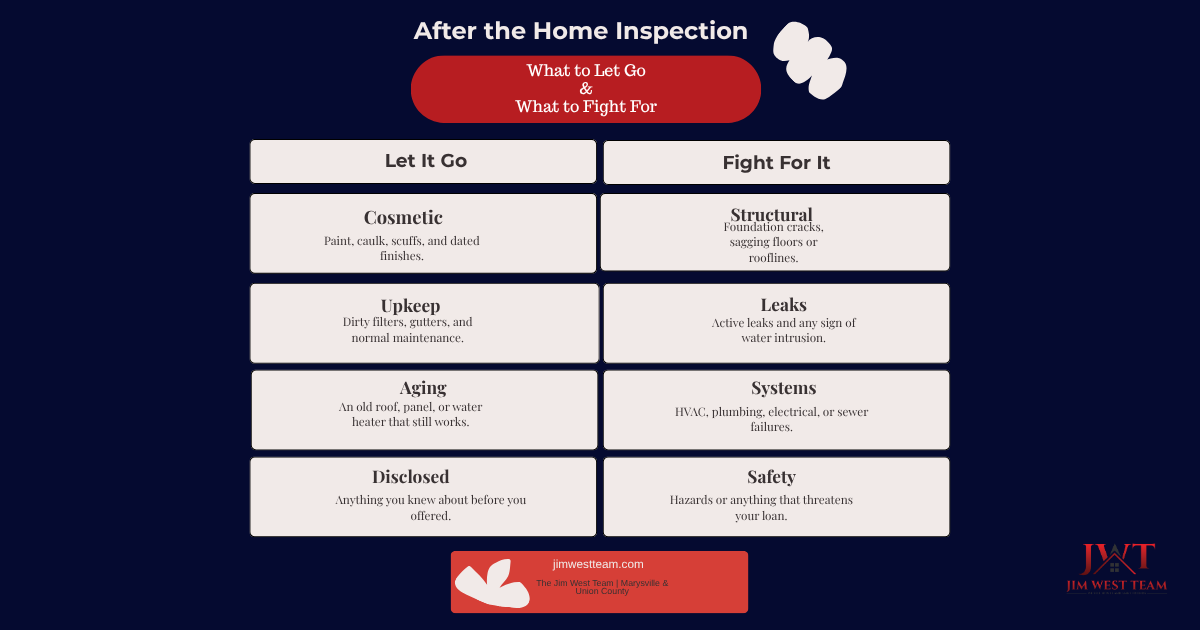 Comparison chart showing home inspection repair requests buyers should let go versus fight for — The Jim West Team, Marysville Ohio