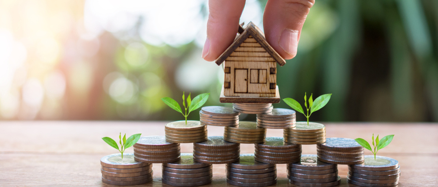 saving money coins houses and plants