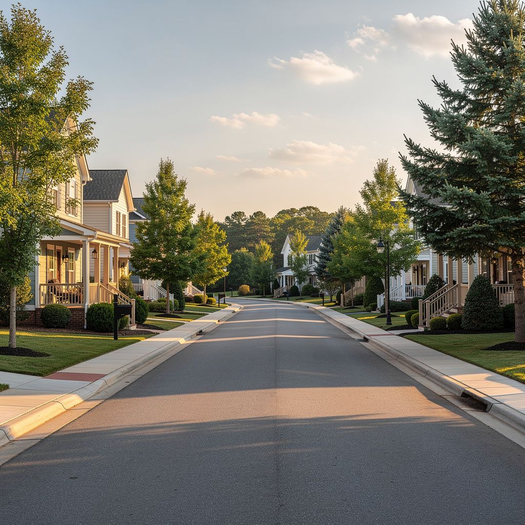 Tree-lined neighborhood street with single-family homes in Hendersonville, North Carolina