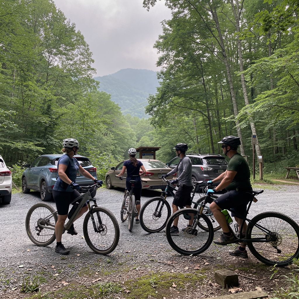Cyclists gathering at a forest trailhead near Pisgah Forest