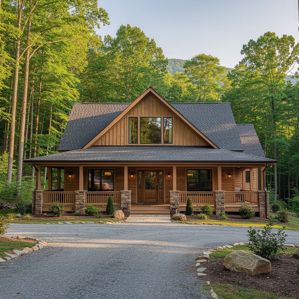 Mountain home exterior surrounded by trees near Brevard, North Carolina