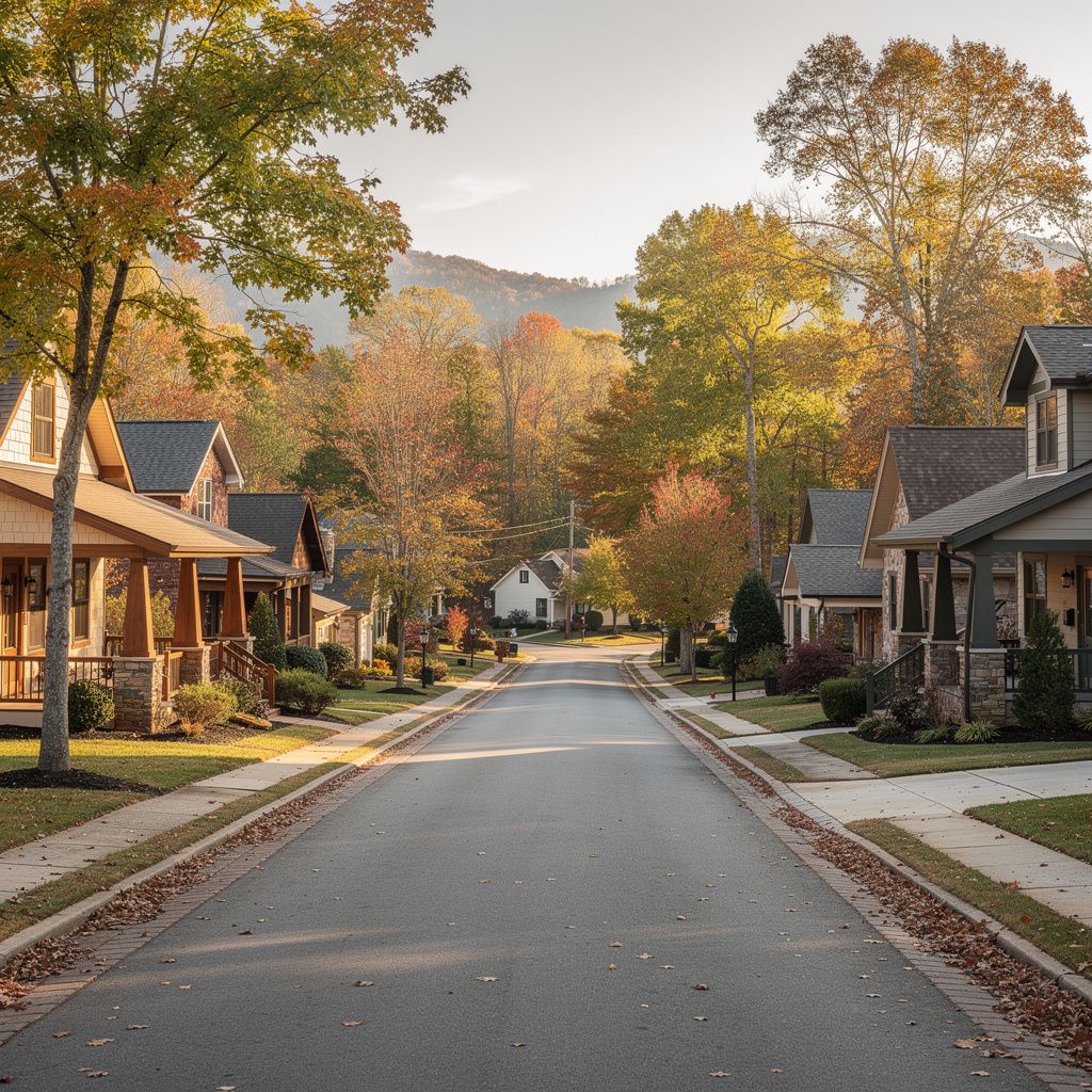 Tree-lined neighborhood street with craftsman-style homes near Asheville, North Carolina