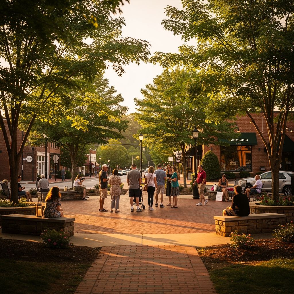People strolling and gathering in a small town plaza in Hendersonville, North Carolina