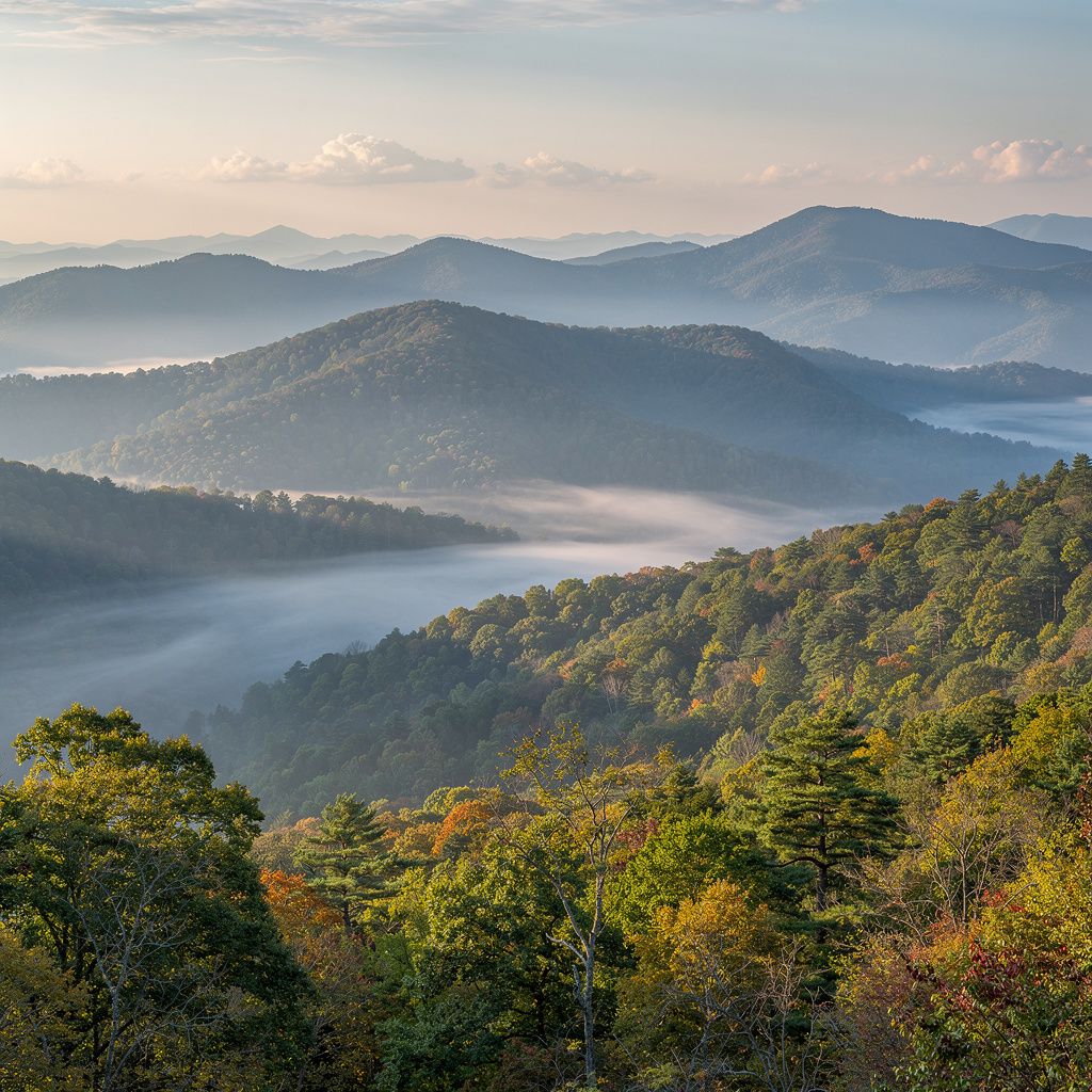 Misty morning view over the Blue Ridge Mountains near Brevard, North Carolina