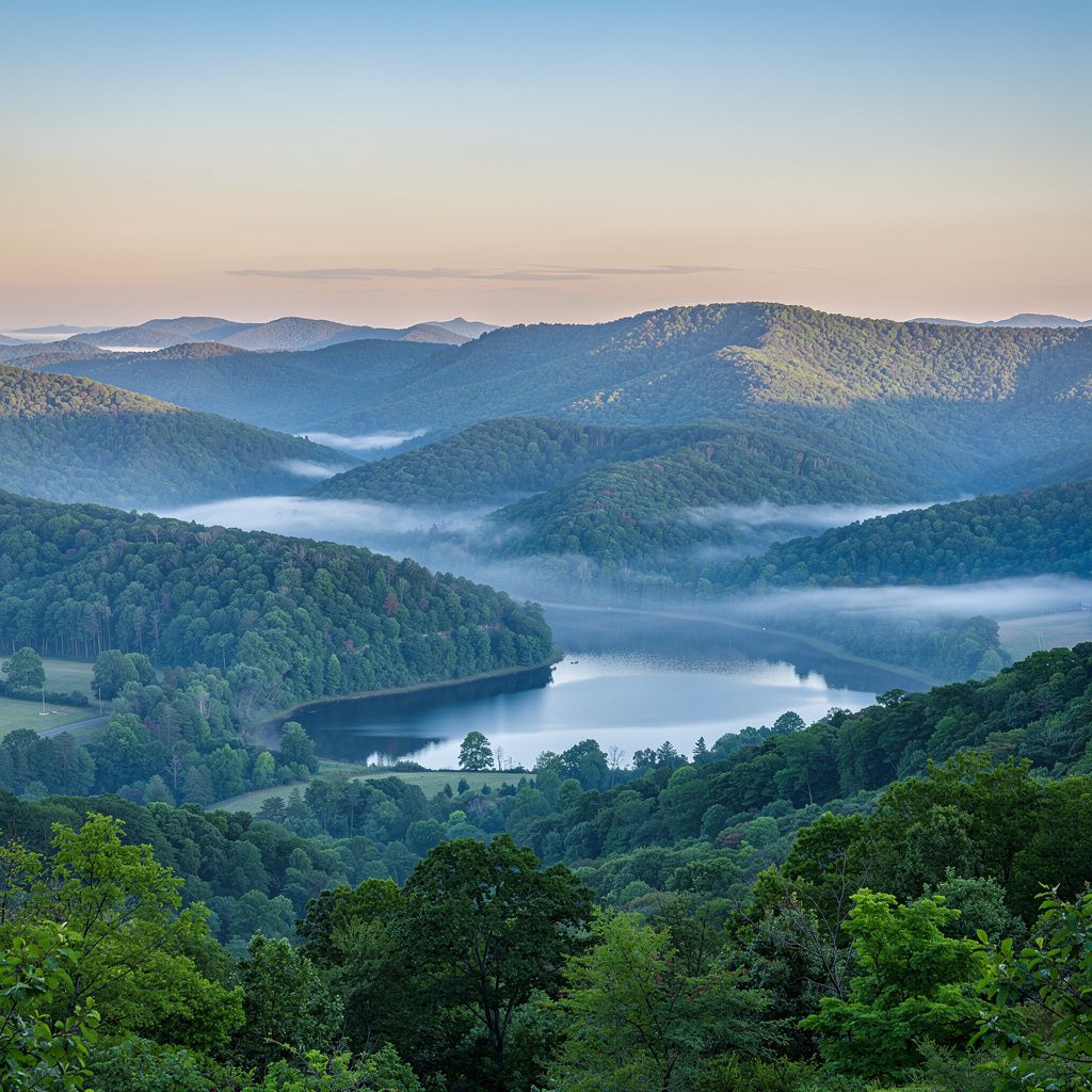 Blue Ridge Mountain landscape near Hendersonville, North Carolina with mist over the hills