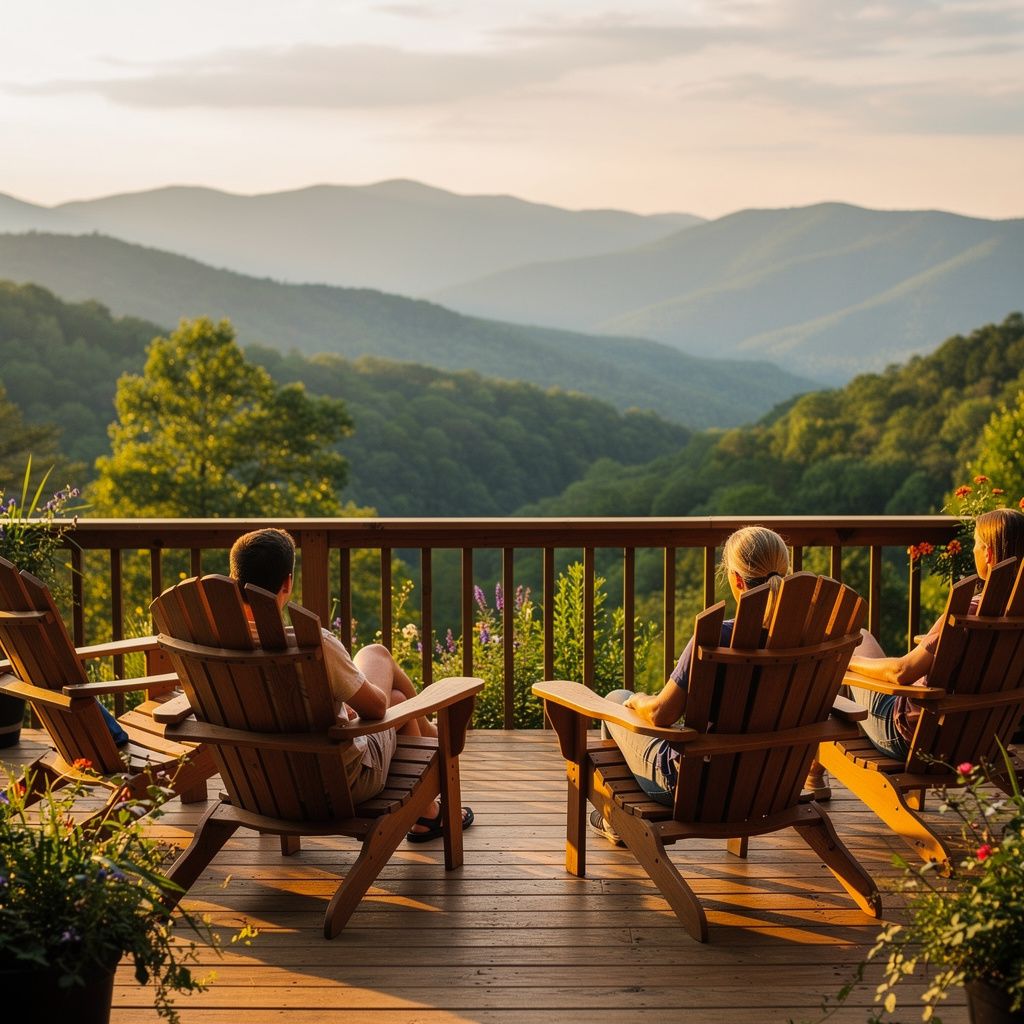 Relaxing deck with chairs overlooking forested mountains near Brevard, North Carolina