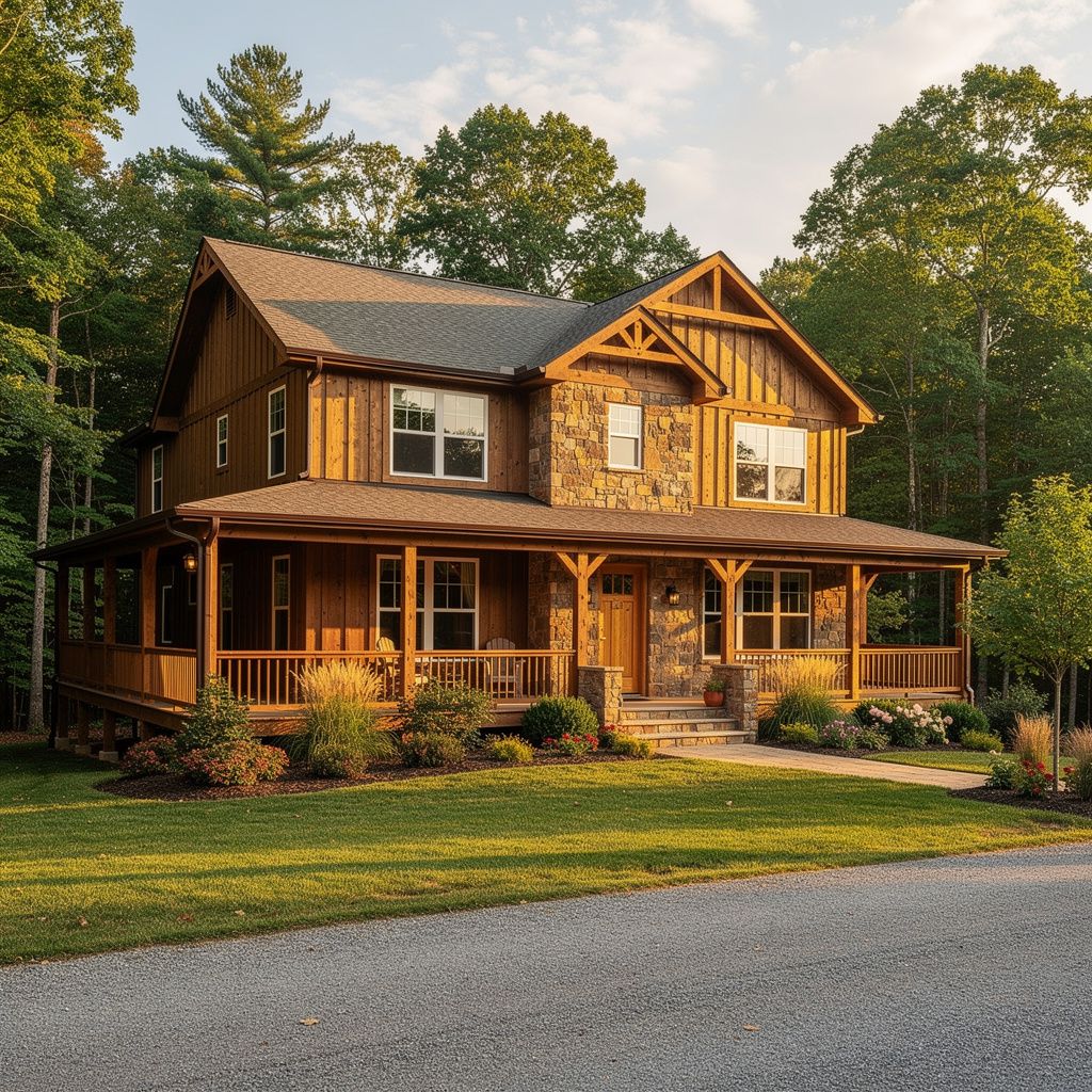 Mountain-style home exterior nestled among trees near Pisgah Forest, North Carolina
