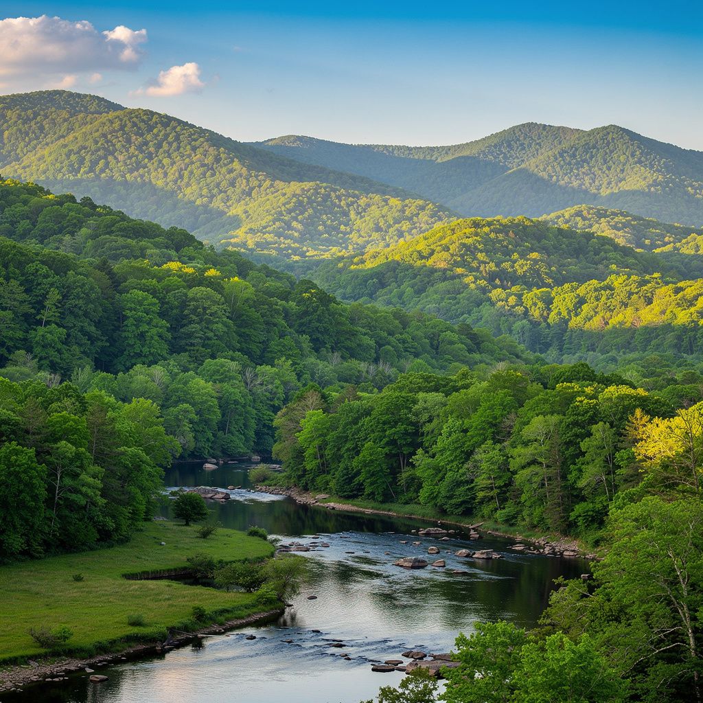 Mountain landscape near Brevard, North Carolina with forests and river