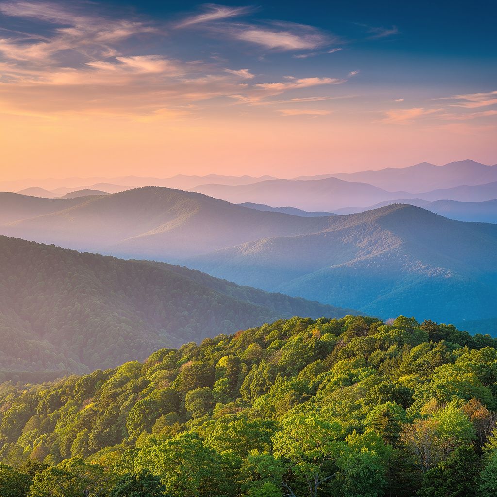 Sunset over layered ridgelines of the Blue Ridge Mountains near Asheville, North Carolina