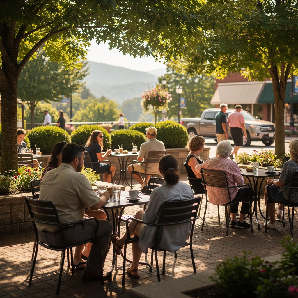 Community gathering in an outdoor plaza in Hendersonville, North Carolina