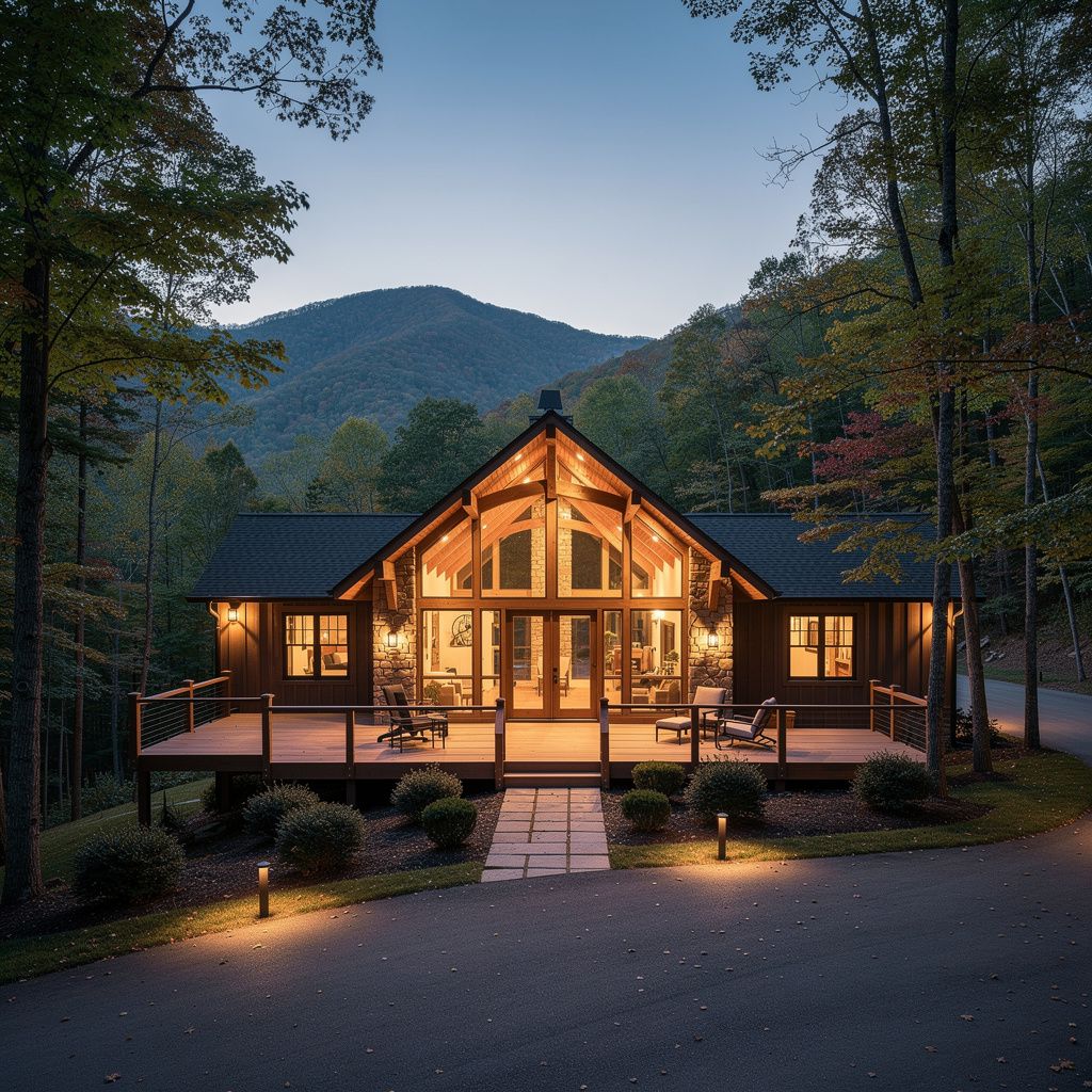Cozy mountain home with deck near Brevard, North Carolina at dusk