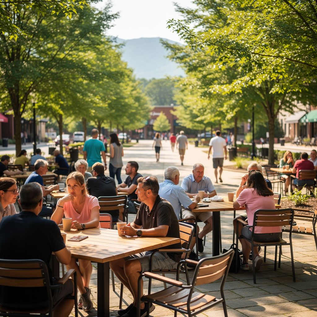 Outdoor community scene in a tree-lined plaza in Brevard, North Carolina