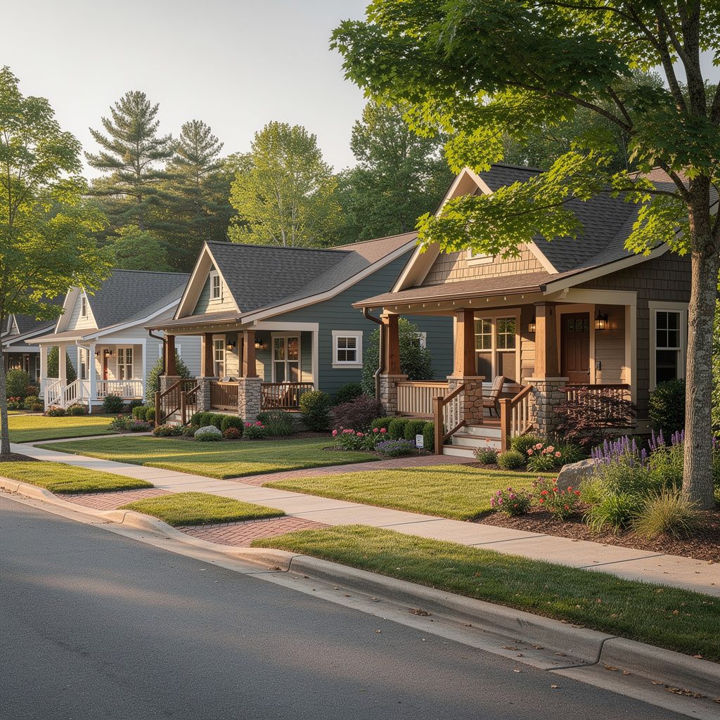 Craftsman and cottage homes on a tree-lined street in Brevard, North Carolina