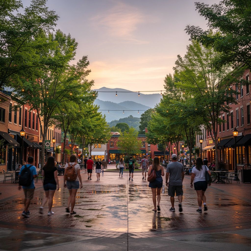 Evening lifestyle scene near downtown Asheville with people enjoying a tree-lined plaza