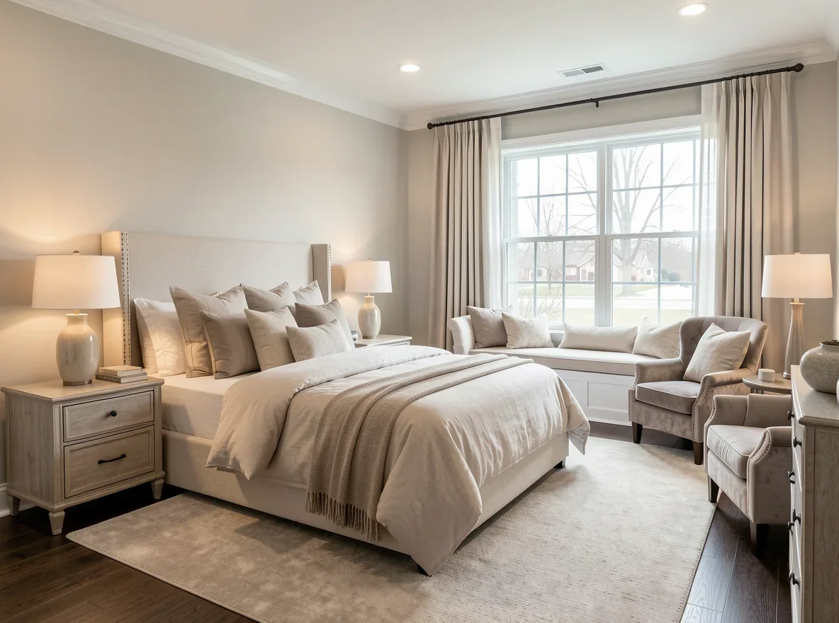 Inviting primary bedroom staged for buyers
