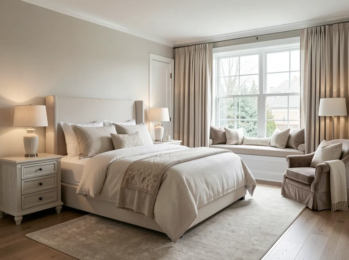Calm, organized primary bedroom staged for a home sale