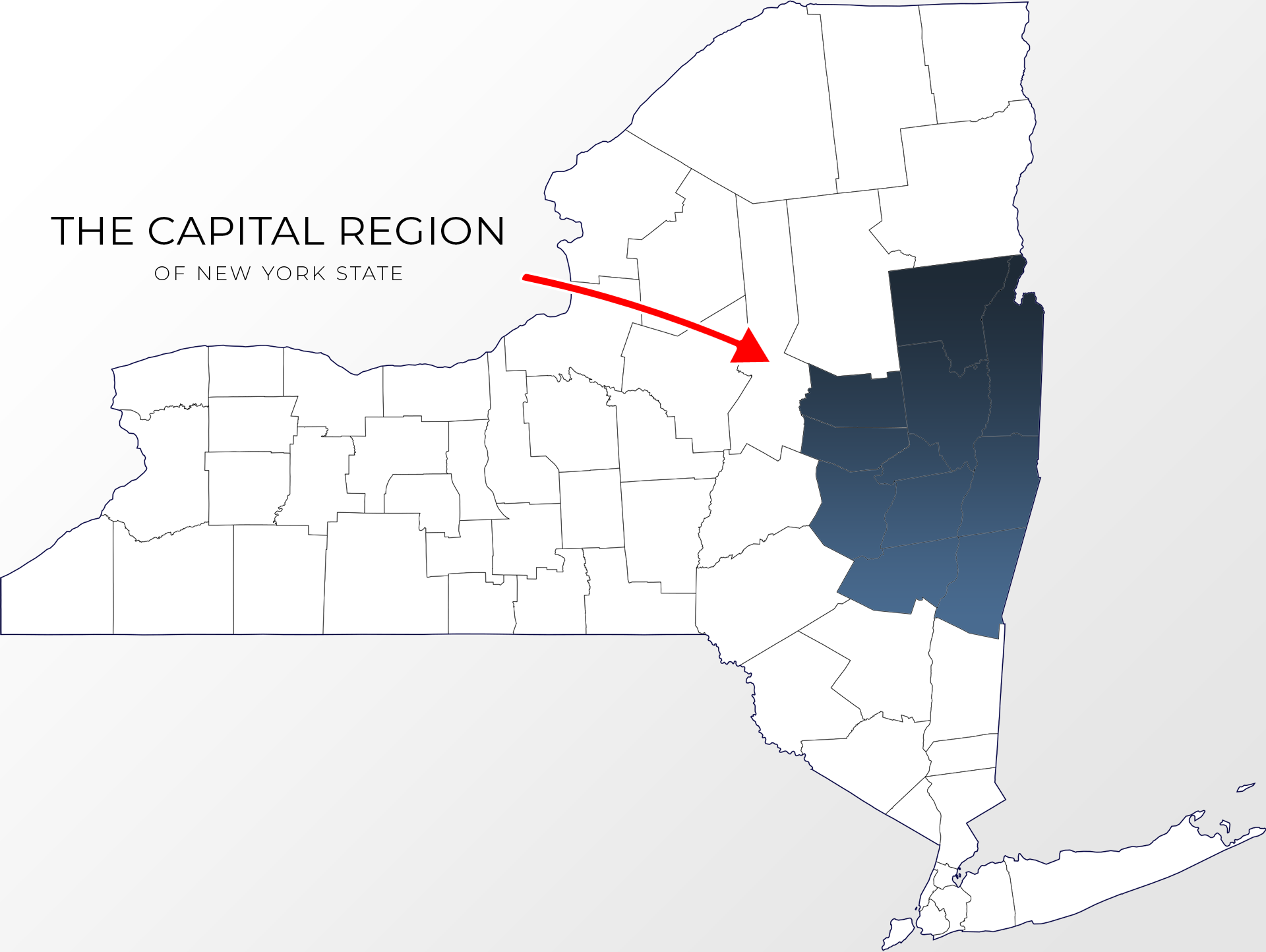 The Capital Region of New York State A county map of New York State that outlines the Capital Region real estate market, which is the group of 11 counties surrounding the state capital in Albany.