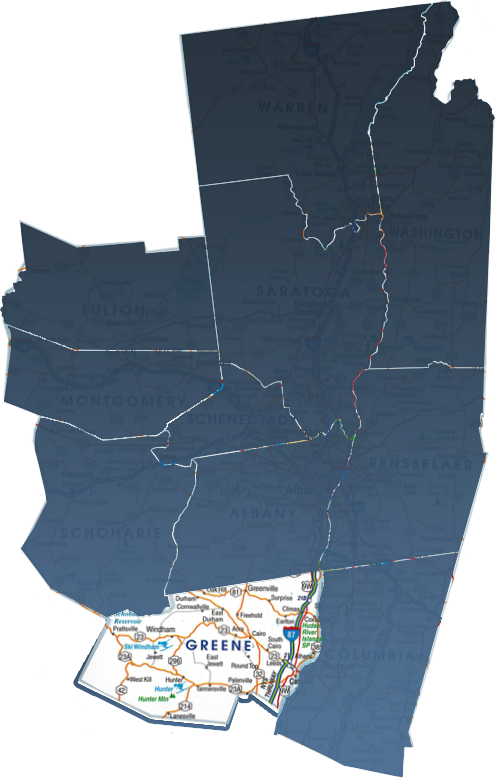 A map of Greene County, NY, isolated within the Capital Region real estate market.