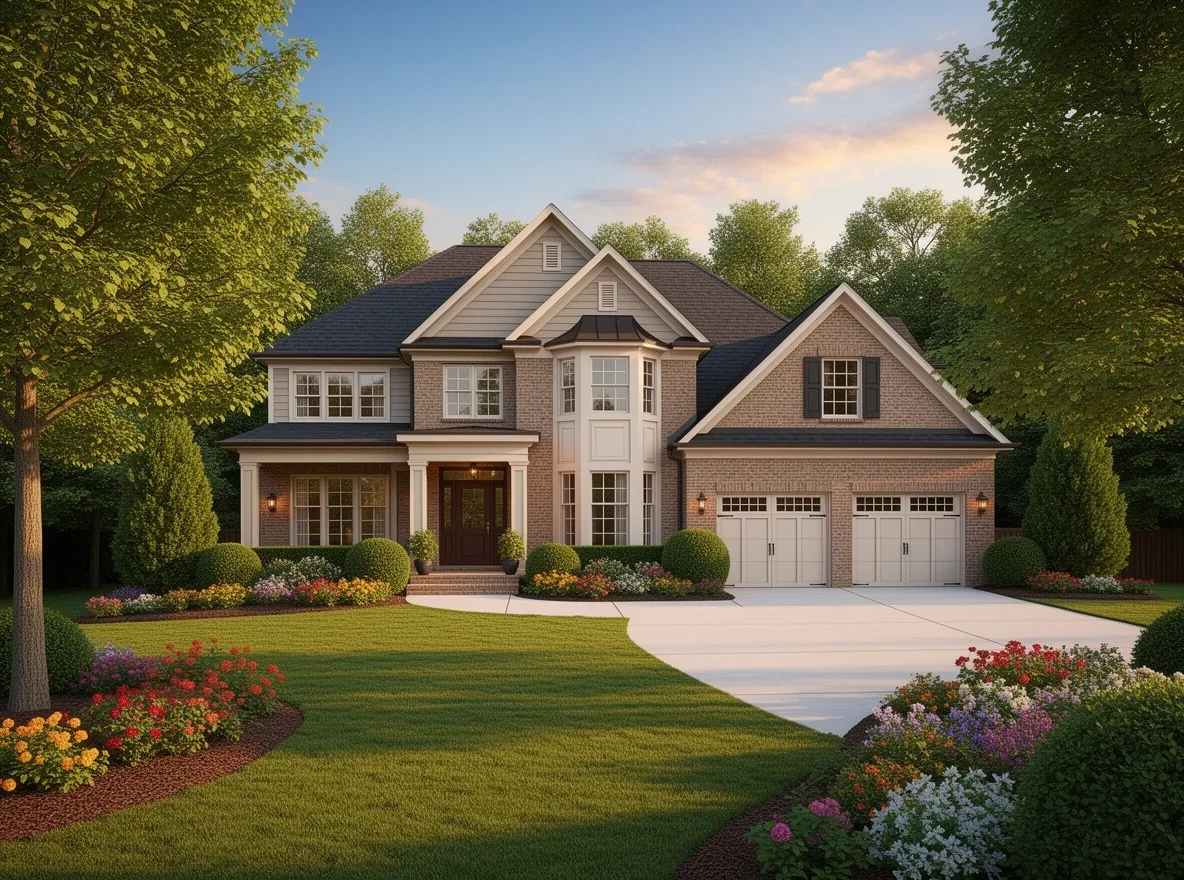 Upscale home exterior with mature trees in Sandy Springs