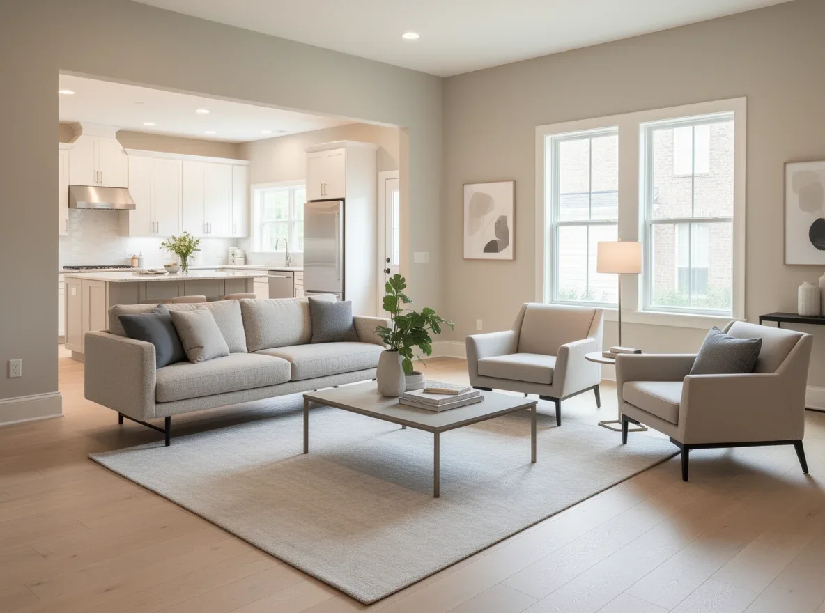 Staged neutral living room that photographs well