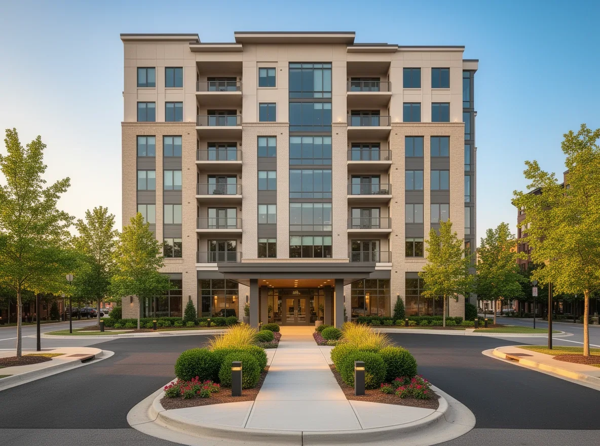 Modern Atlanta condo building exterior with landscaped entry