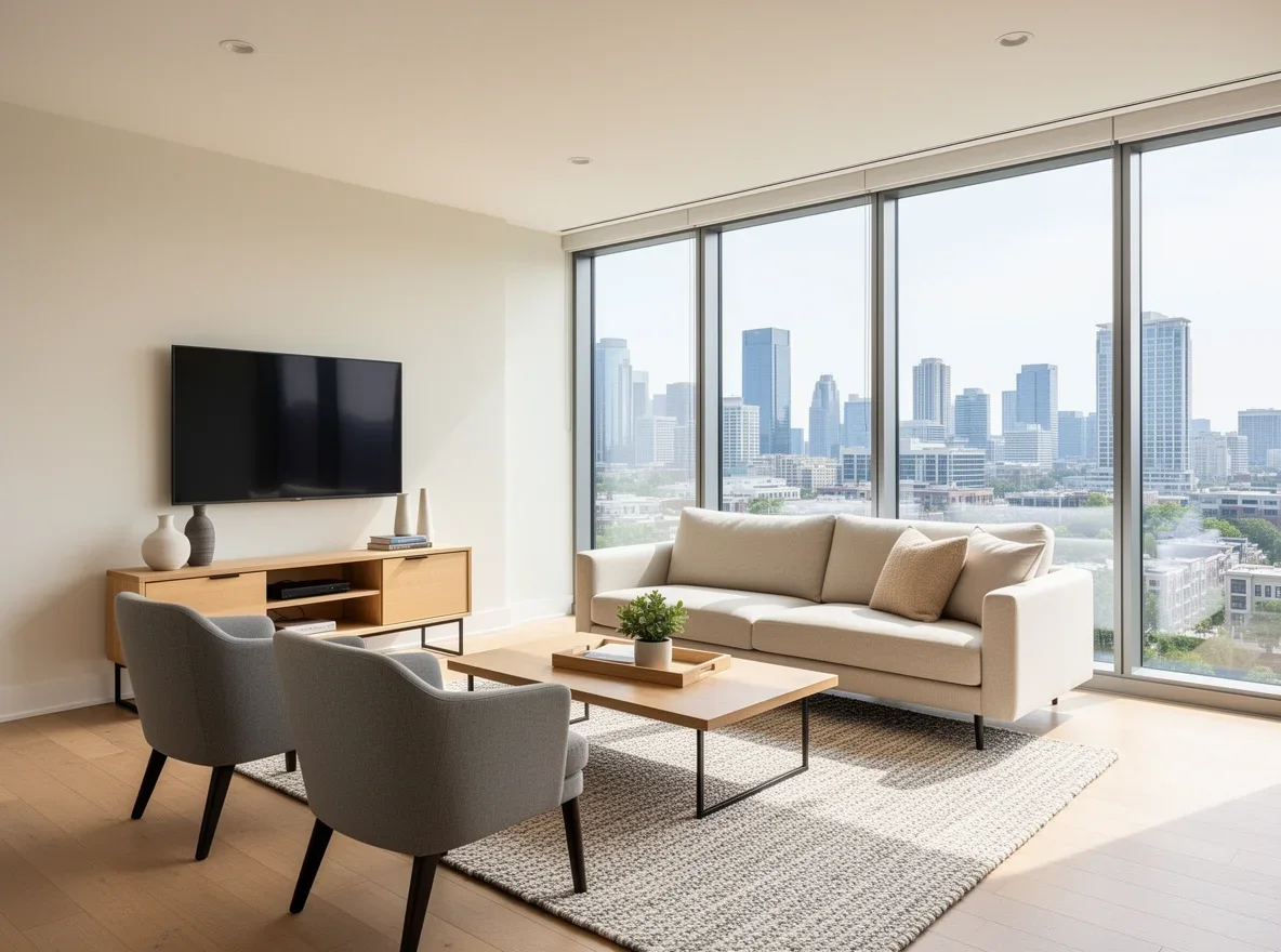 Bright condo living room with modern finishes and city views
