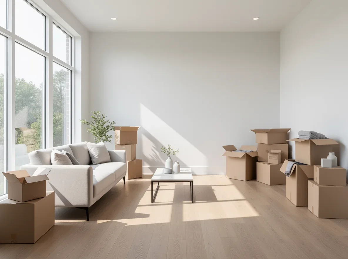 Bright living room on move-in day with organized boxes