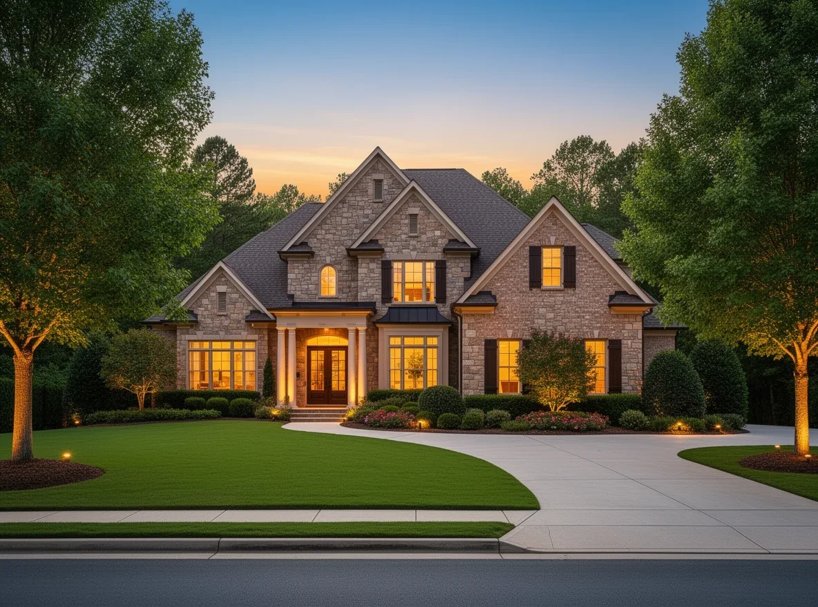 Luxury home exterior with manicured landscaping
