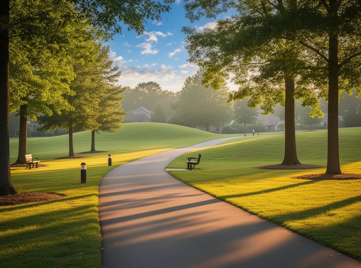Green park trail with trees and rolling hills