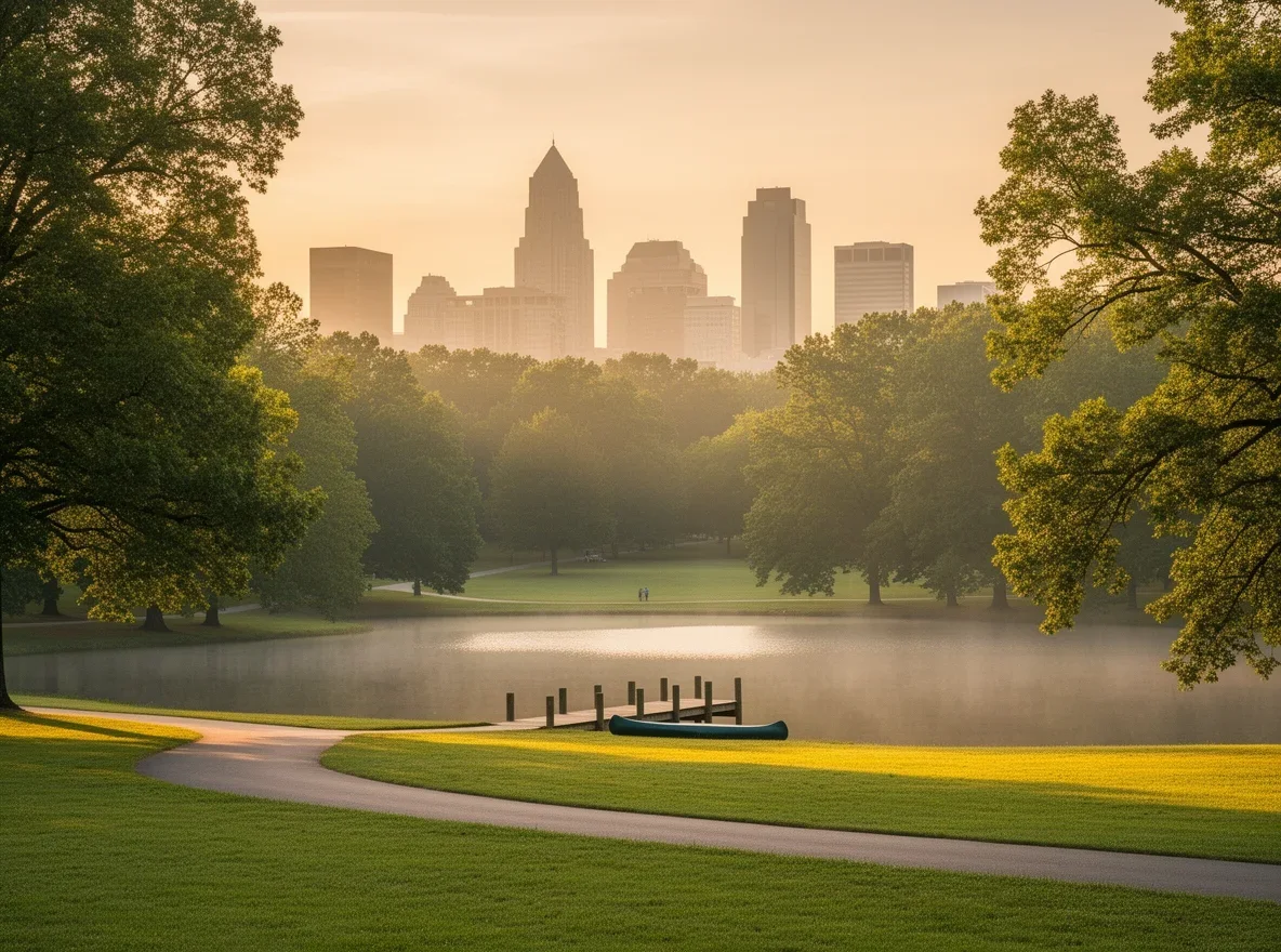 Morning view of Piedmont Park with Atlanta skyline