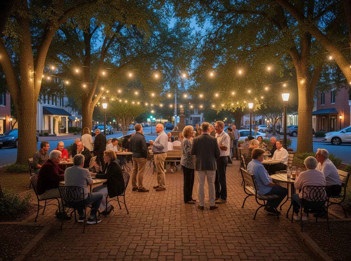 Community gathering in a tree-lined village square at dusk